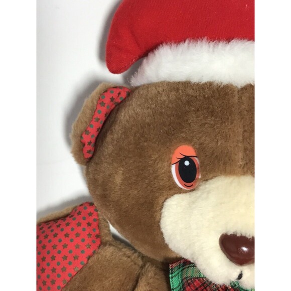 Vintage Christmas Stocking Plush Teddy Bear Tan Brown Red Overalls Santa hat 18" - Picture 4 of 9